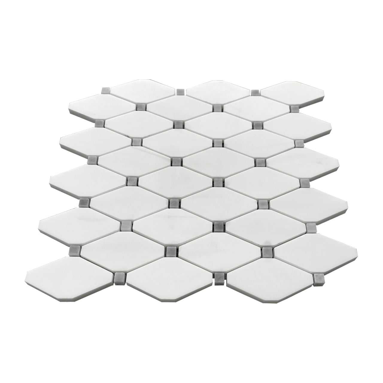 Bianco Dolomite Marble Long Octagon Rhomboid with Bardiglio Dots Mosaic Tile Honed