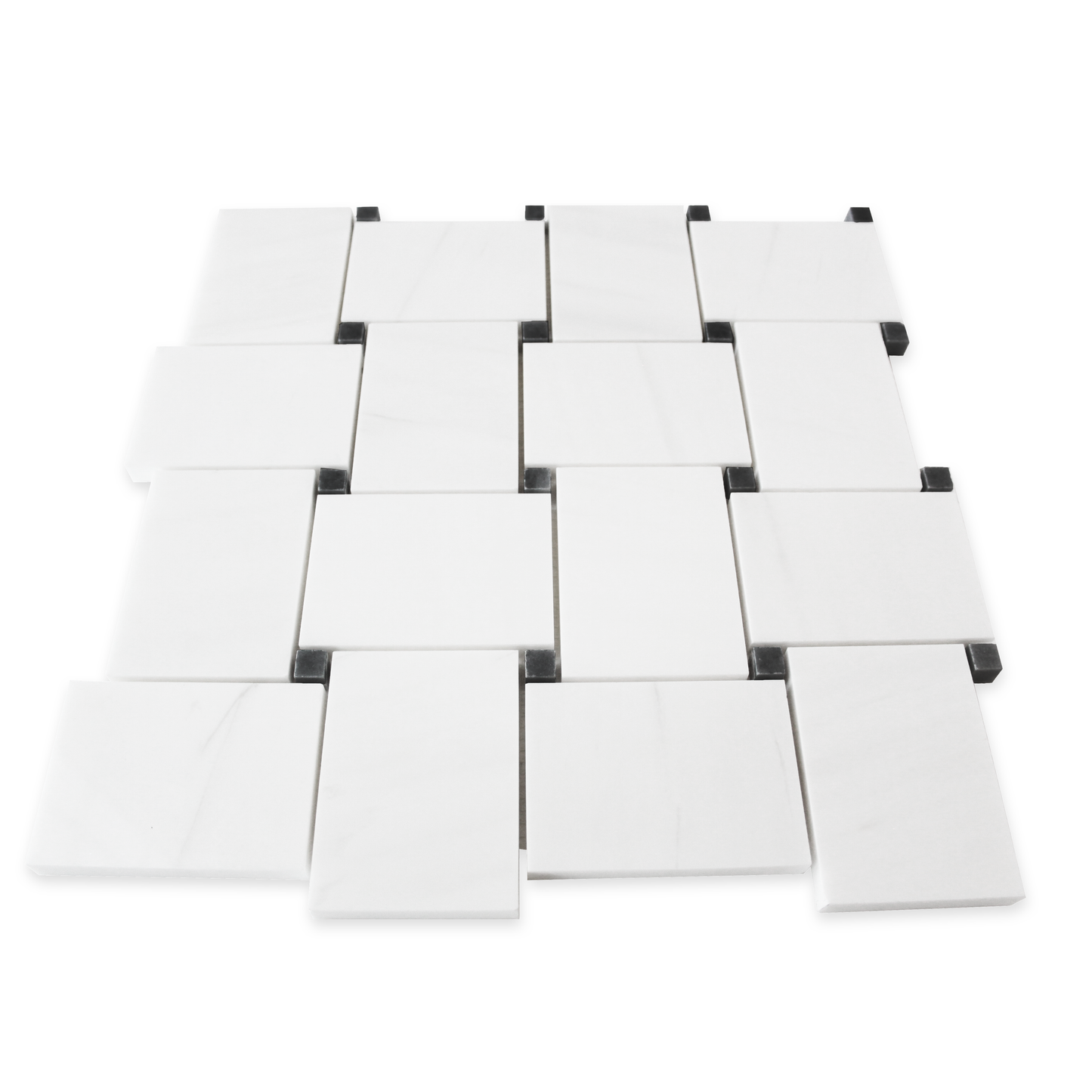 Bianco Dolomite Marble Large Basketweave Mosaic Tile with Nero Marquina Black Dots Polished