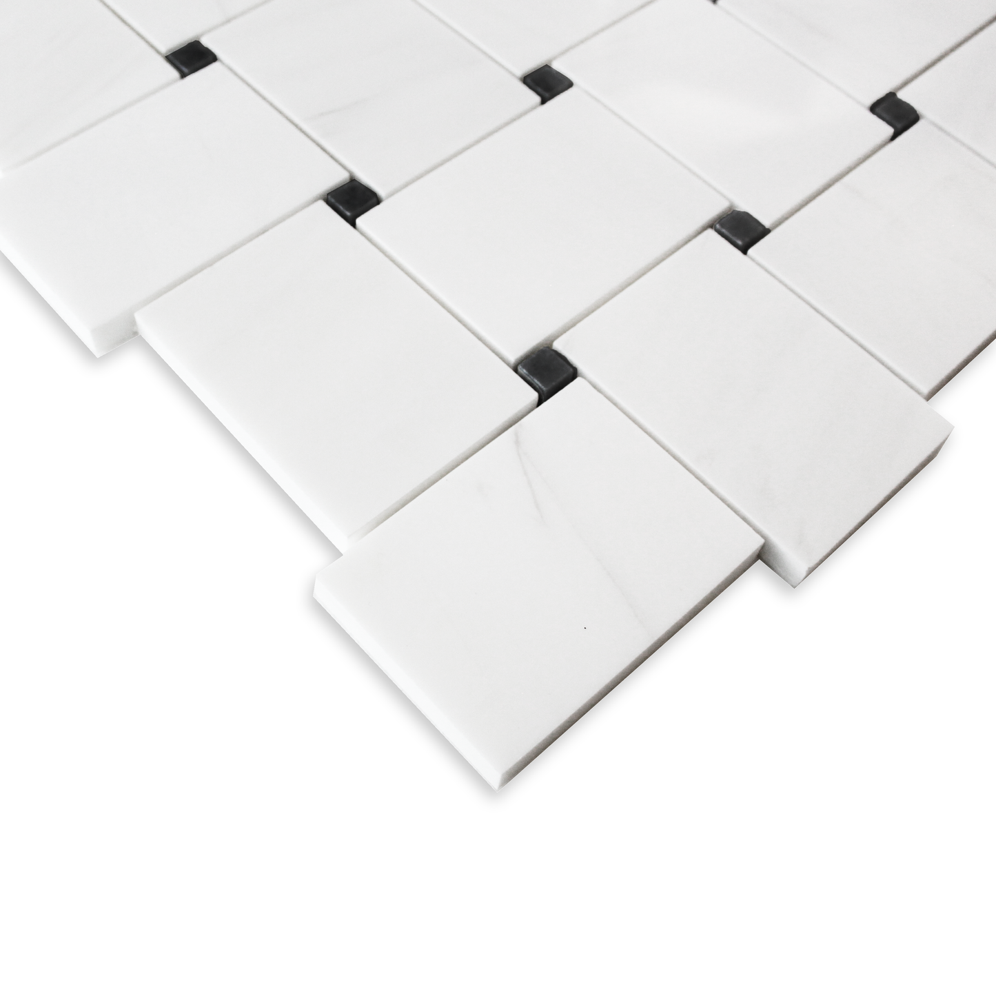 Bianco Dolomite Marble Large Basketweave Mosaic Tile with Nero Marquina Black Dots Polished