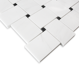 Bianco Dolomite Marble Large Basketweave Mosaic Tile with Nero Marquina Black Dots Polished