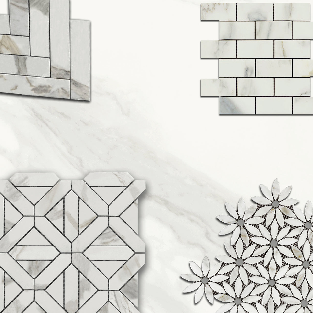 Calacatta Gold Italian Marble with Bardiglio Gray Accent Daisy Flower Waterjet Mosaic Tile Honed