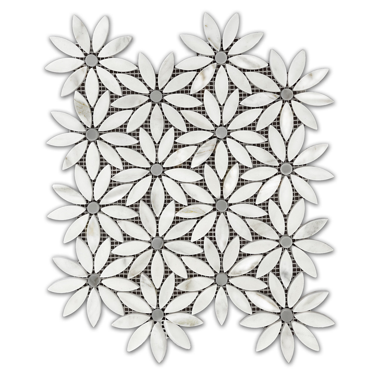 Calacatta Gold Italian Marble with Bardiglio Gray Accent Daisy Flower Waterjet Mosaic Tile Polished