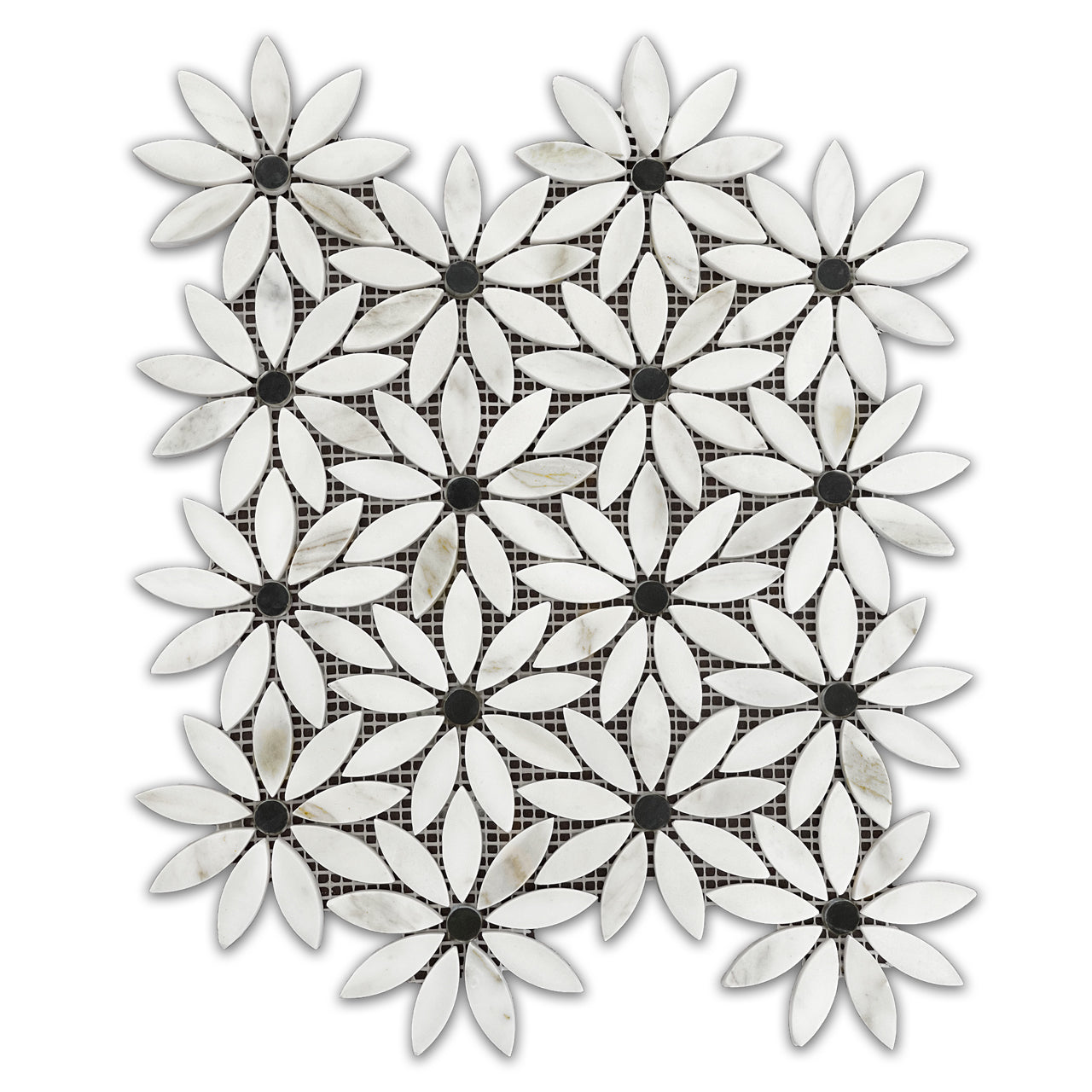Calacatta Gold Italian Marble with Nero Marquina Black Accent Daisy Flower Waterjet Mosaic Tile Honed