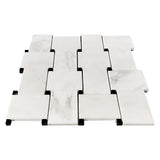 Calacatta Gold Italian Marble Large Basketweave Mosaic Tile with Nero Marquina Black Dots Honed