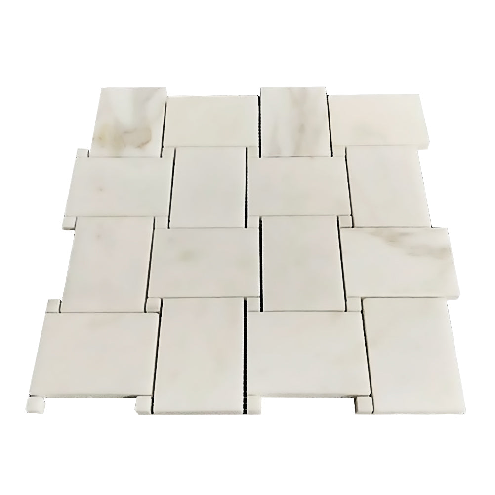 Calacatta Gold Italian Marble Large Basketweave Mosaic Tile with Calacatta Oro Dots Polished