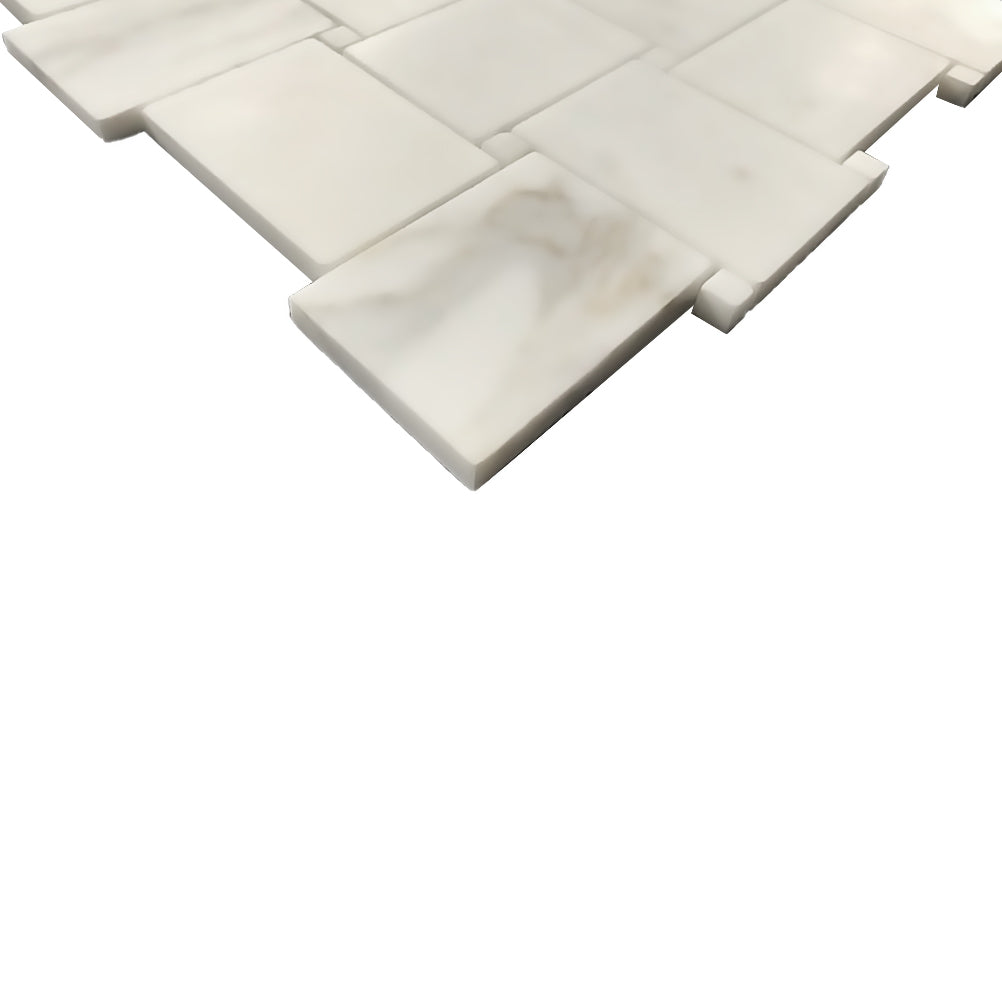 Calacatta Gold Italian Marble Large Basketweave Mosaic Tile with Calacatta Oro Dots Polished