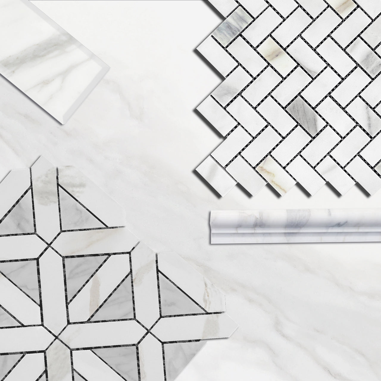 Calacatta Gold Italian Marble with Carrara White Triangles Geometrica Mosaic Tile Honed