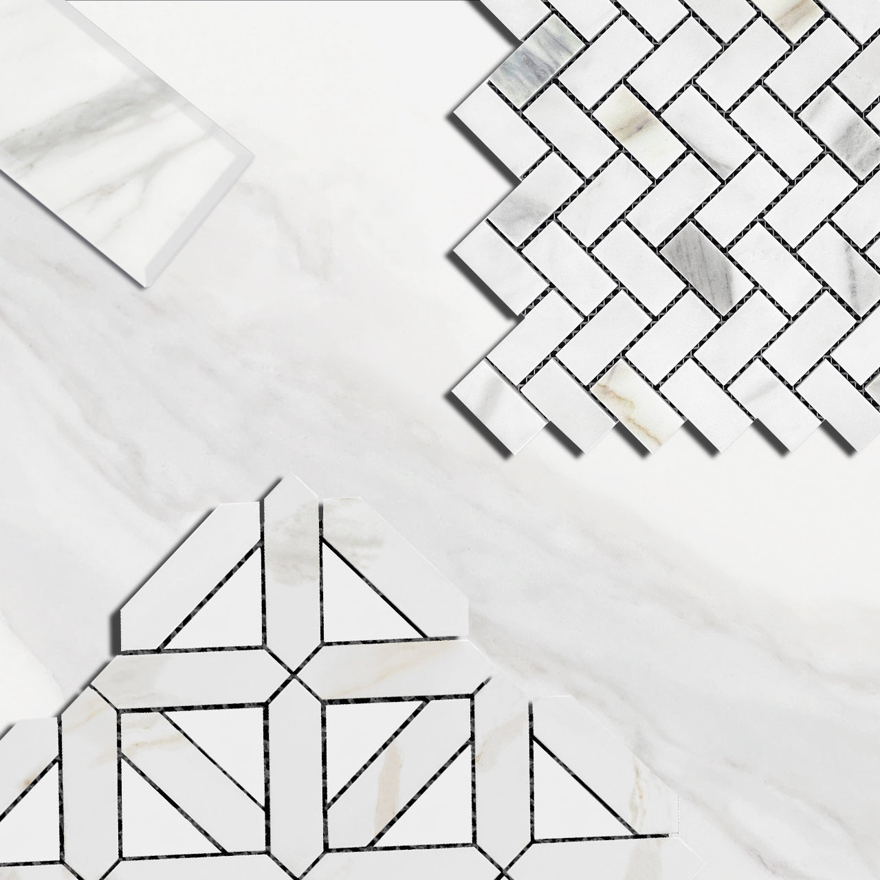Calacatta Gold Italian Marble with Bianco Dolomite Triangles Geometrica Mosaic Tile Honed
