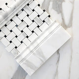 Calacatta Gold Italian Marble Large Basketweave Mosaic Tile with Nero Marquina Black Dots Honed