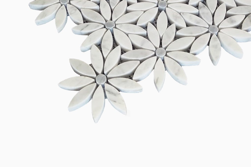 Carrara White Marble With Bardiglio Gray Accent Daisy Flower Waterjet Mosaic Tile Polished