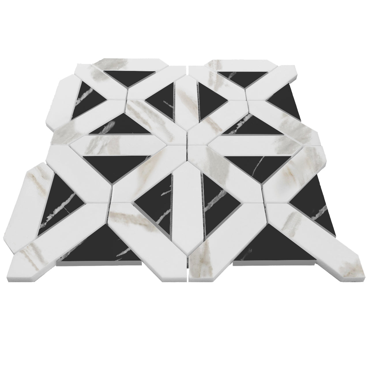 Calacatta Gold Italian Marble with Nero Marquina Black Triangles Geometrica Mosaic Tile Honed