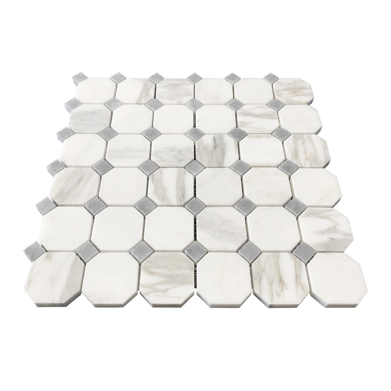 Calacatta Gold Marble Octagon with Bardiglio Dots Mosaic Tile Honed