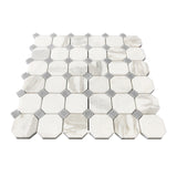 Calacatta Gold Marble Octagon with Bardiglio Dots Mosaic Tile Honed