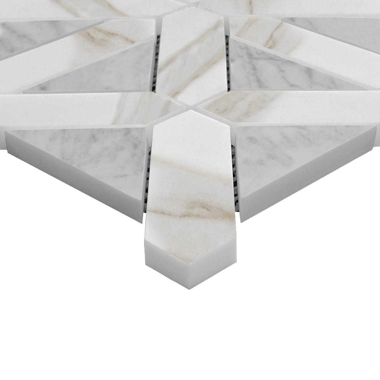 Calacatta Gold Italian Marble with Carrara White Triangles Geometrica Mosaic Tile Honed