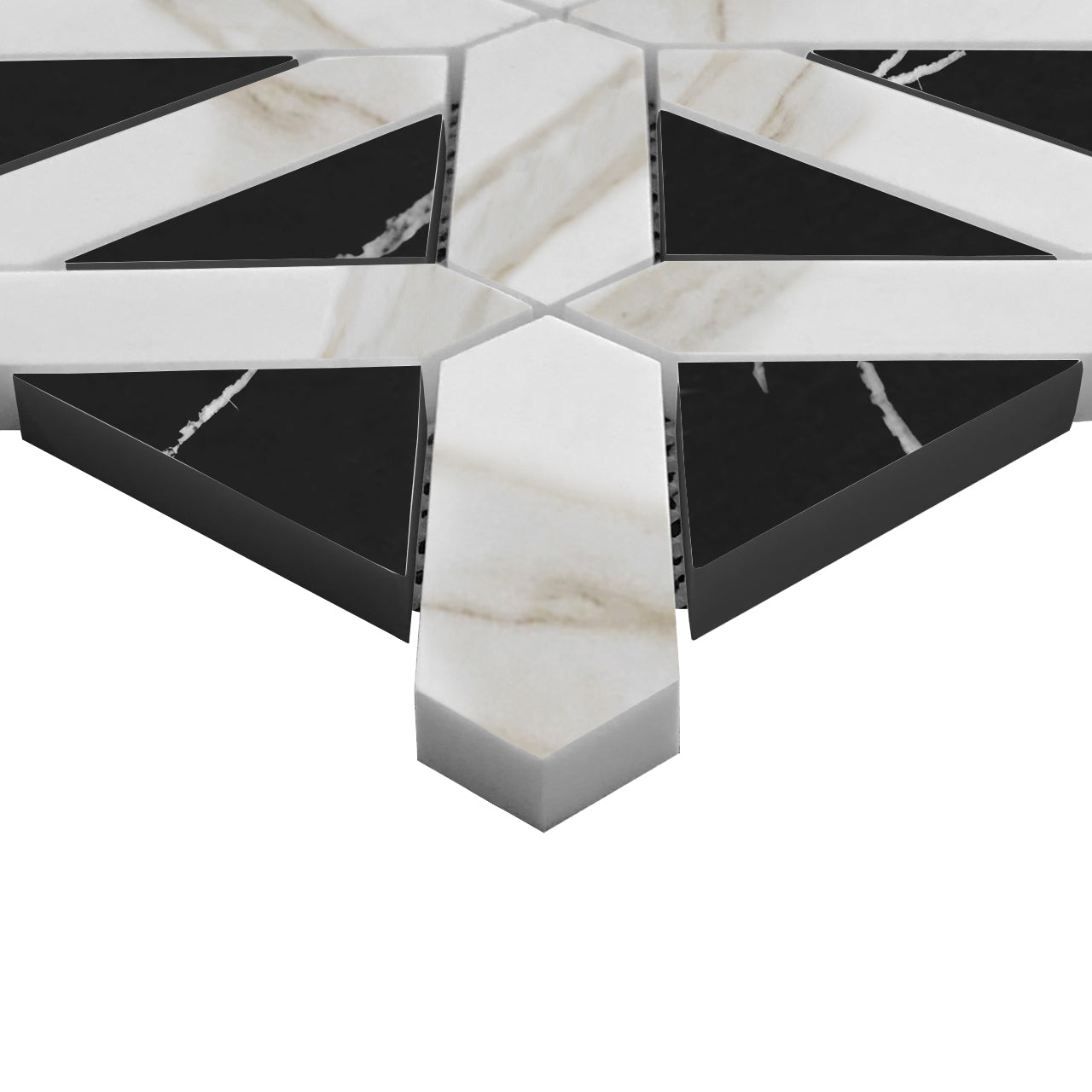 Calacatta Gold Italian Marble with Nero Marquina Black Triangles Geometrica Mosaic Tile Honed