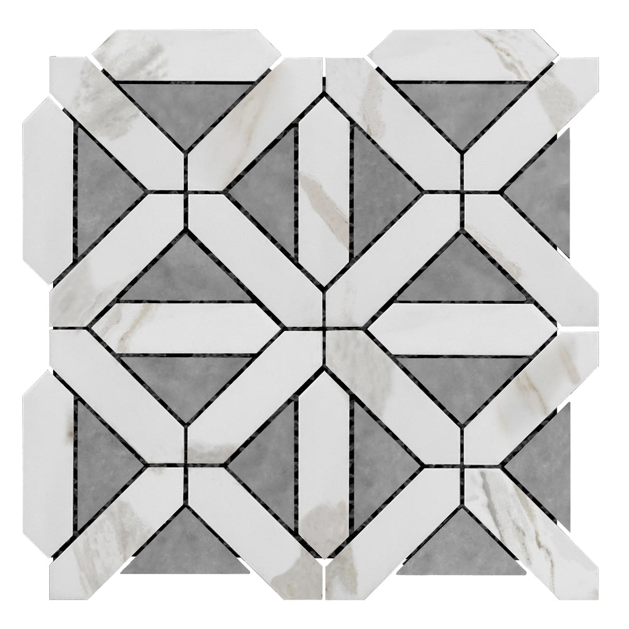 Calacatta Gold Italian Marble with Bardiglio Gray Triangles Geometrica Mosaic Tile Polished
