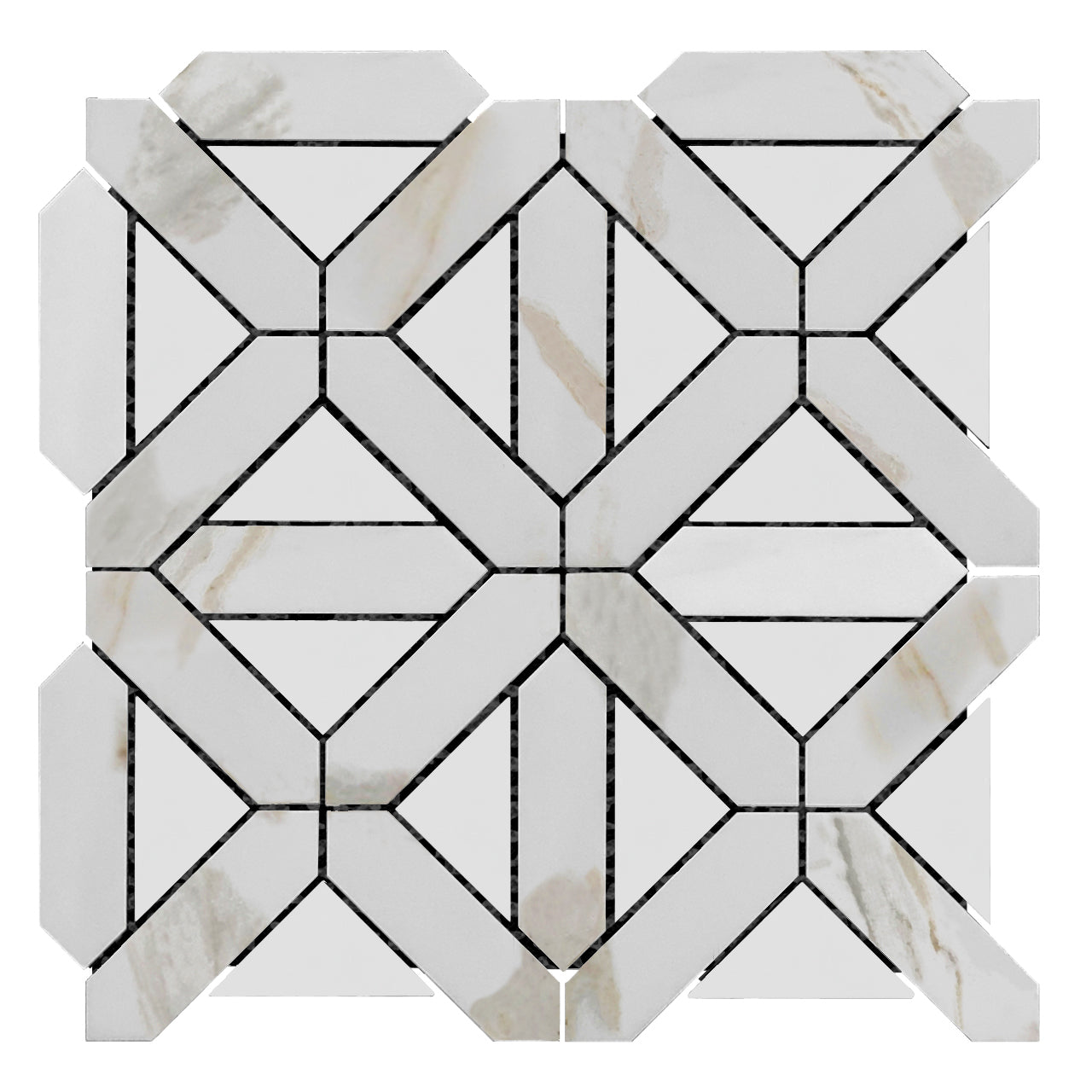 Calacatta Gold Italian Marble with Bianco Dolomite Triangles Geometrica Mosaic Tile Polished