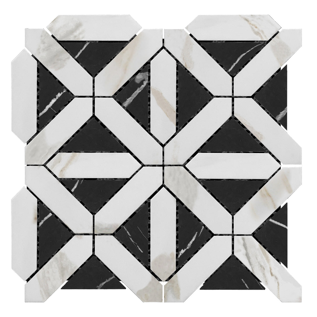 Calacatta Gold Italian Marble with Nero Marquina Black Triangles Geometrica Mosaic Tile Honed