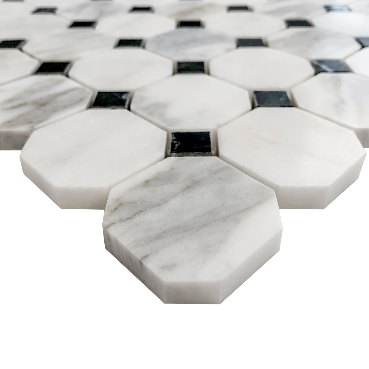 Calacatta Gold Marble Octagon with Black Dots Mosaic Tile Honed
