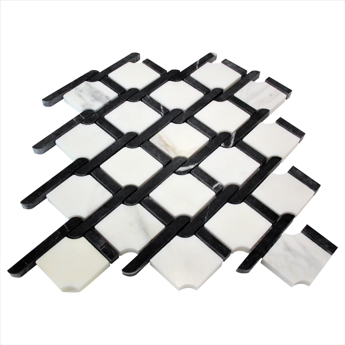Calacatta Gold Marble Marbella Lynx Rope Design with Nero Marquina Black Strips Mosaic Tile Honed