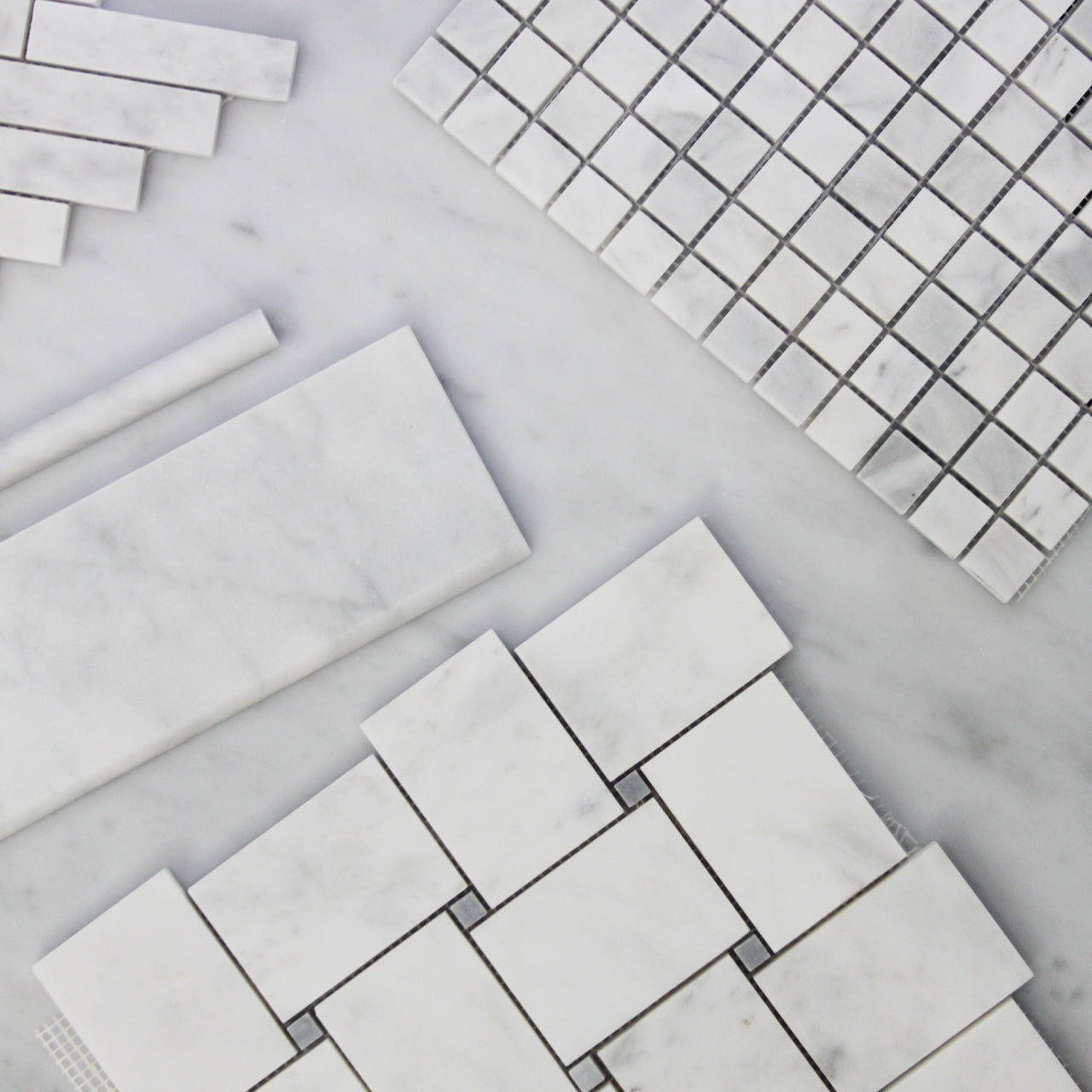 Carrara White Italian Marble Large Basketweave Mosaic Tile with Bardiglio Gray Dots Honed