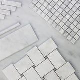 Carrara White Italian Marble Large Basketweave Mosaic Tile with Bardiglio Gray Dots Honed
