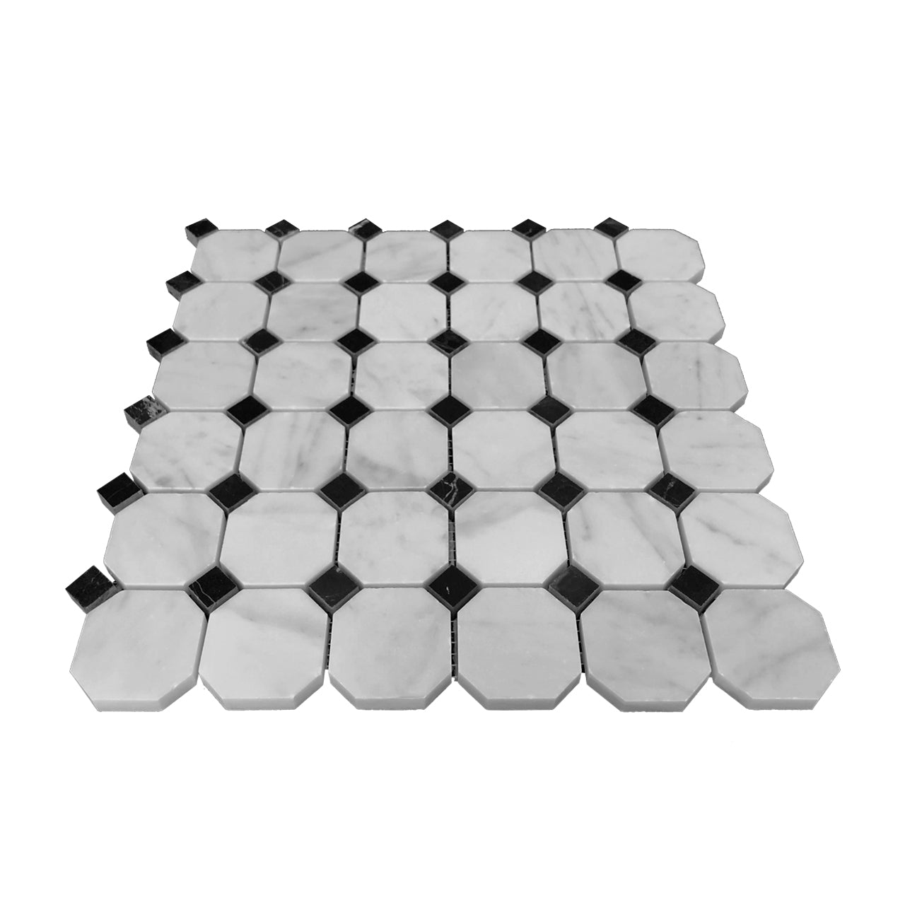 Carrara White Italian Marble Octagon Mosaic Tile with Black Polished