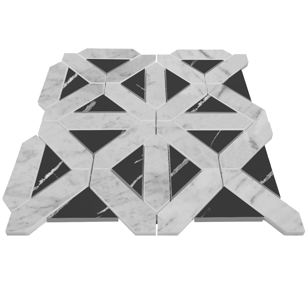 Carrara White Italian Marble with Nero Marquina Black Triangles Geometrica Mosaic Tile Honed