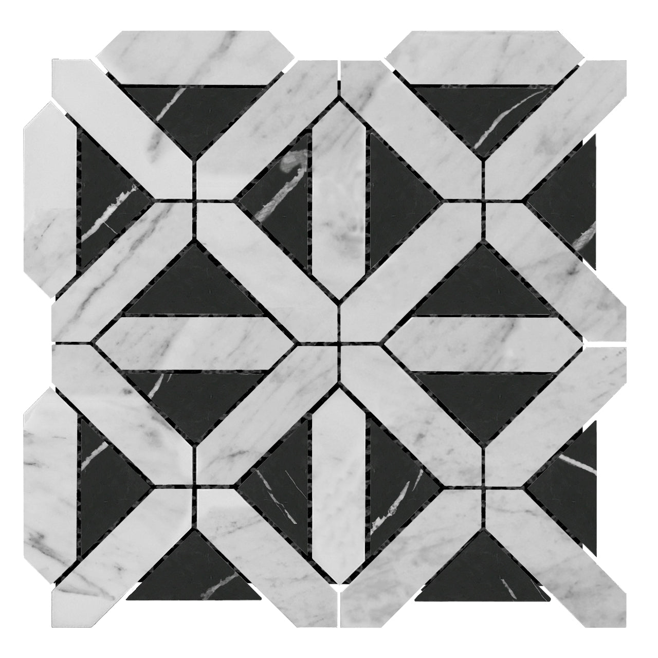 Carrara White Italian Marble with Nero Marquina Black Triangles Geometrica Mosaic Tile Honed