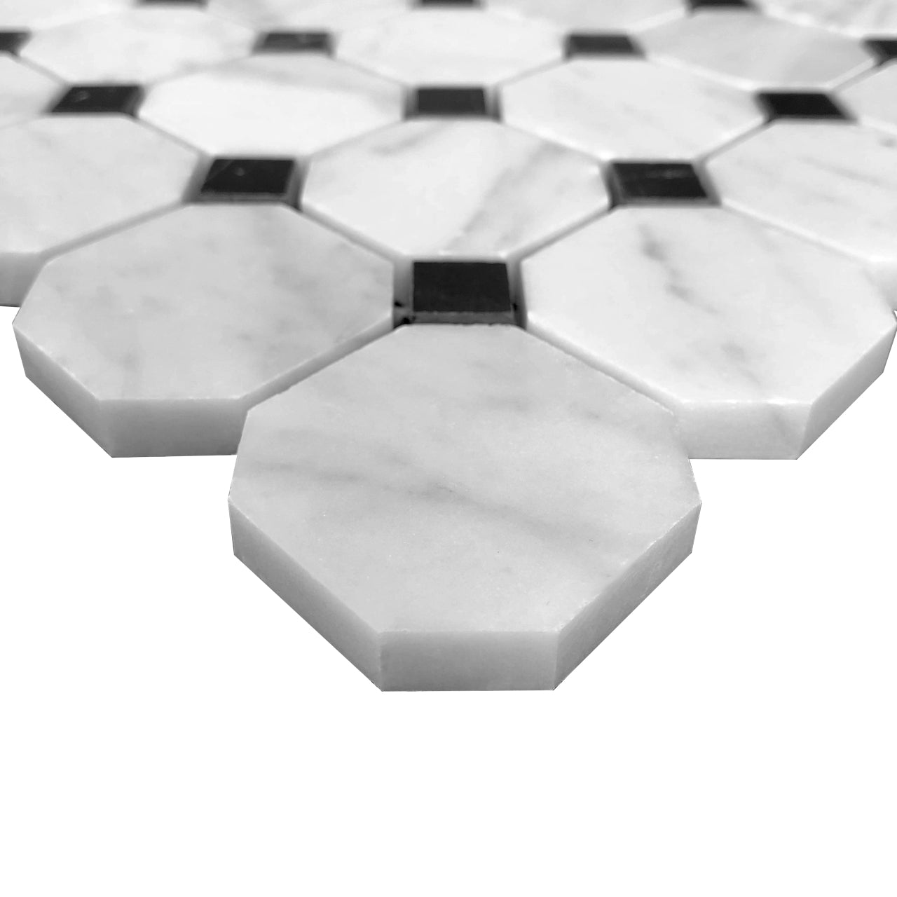 Carrara White Italian Marble Octagon Mosaic Tile with Black Polished
