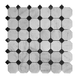 Carrara White Italian Marble Octagon Mosaic Tile with Black Honed