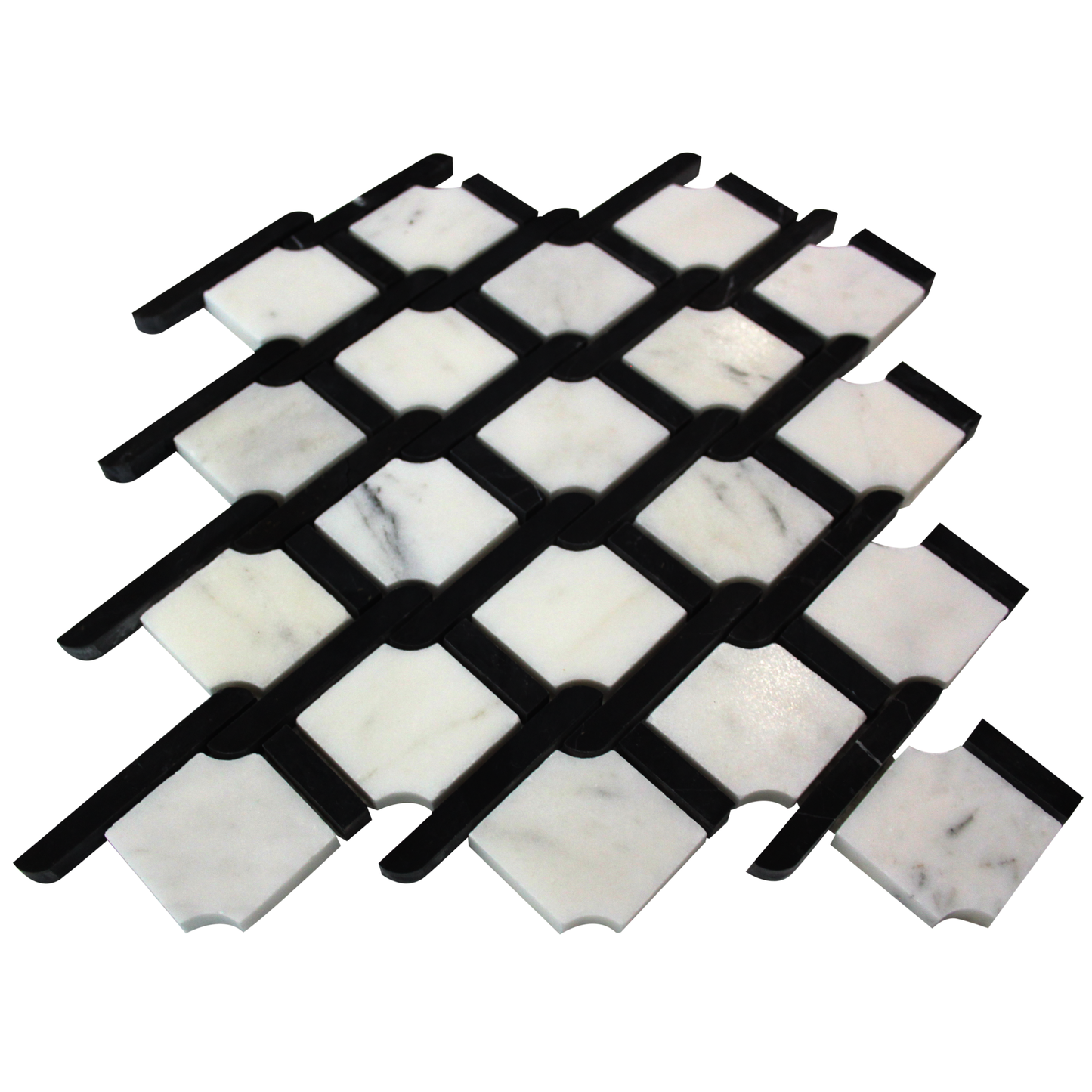 Carrara White Italian Marble Marbella Lynx Rope Design with Nero Marquina Black Strips Mosaic Tile Polished