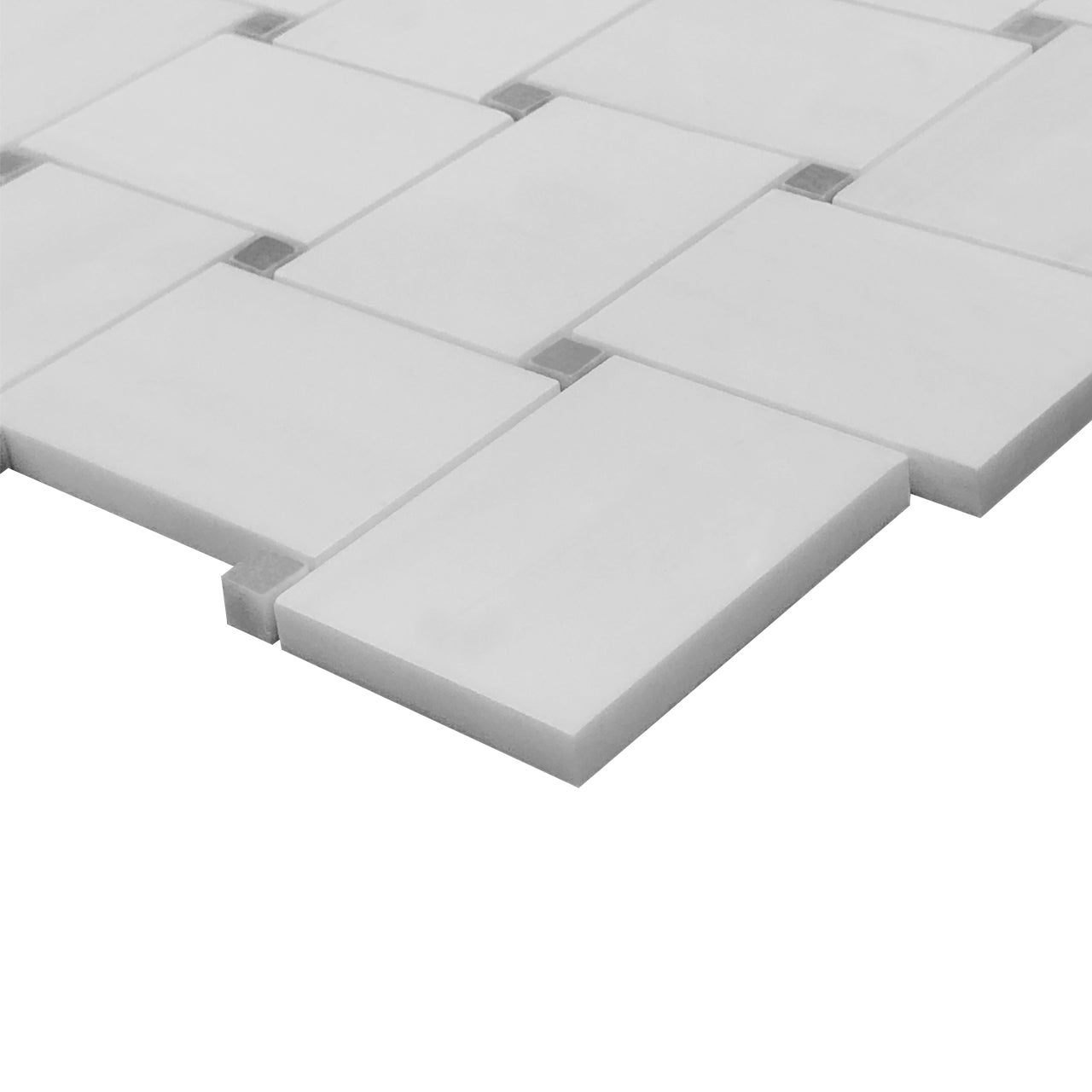Bianco Dolomite Marble Large Basketweave Mosaic Tile with Bardiglio Gray Dots Honed