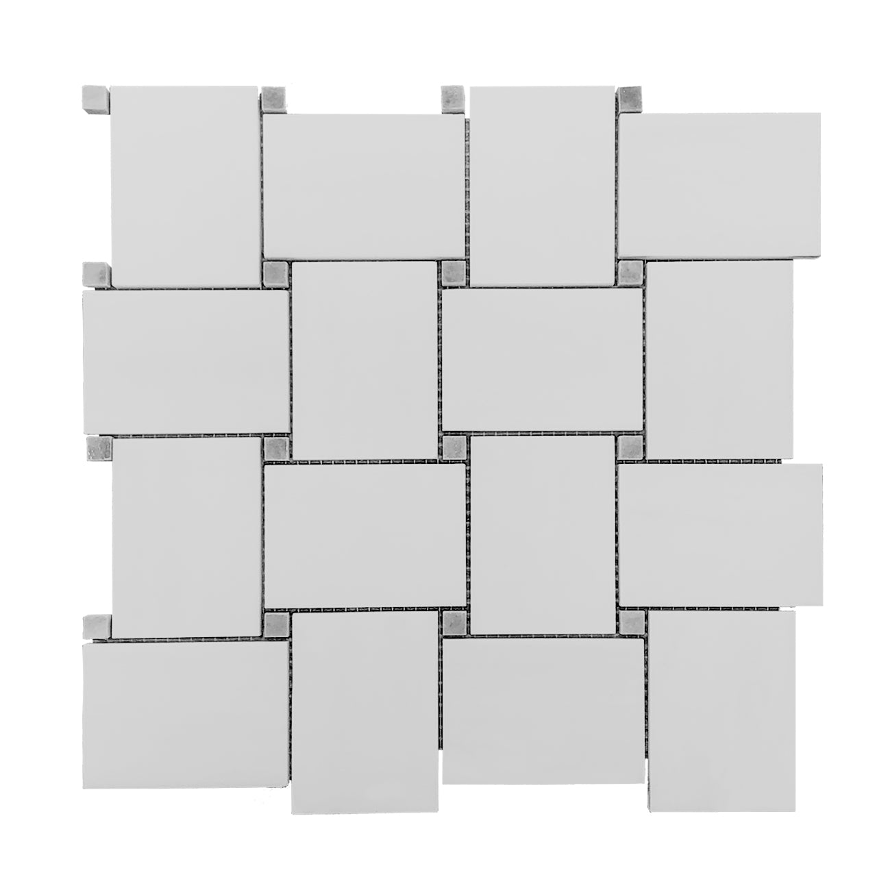 Bianco Dolomite Marble Large Basketweave Mosaic Tile with Bardiglio Gray Dots Polished