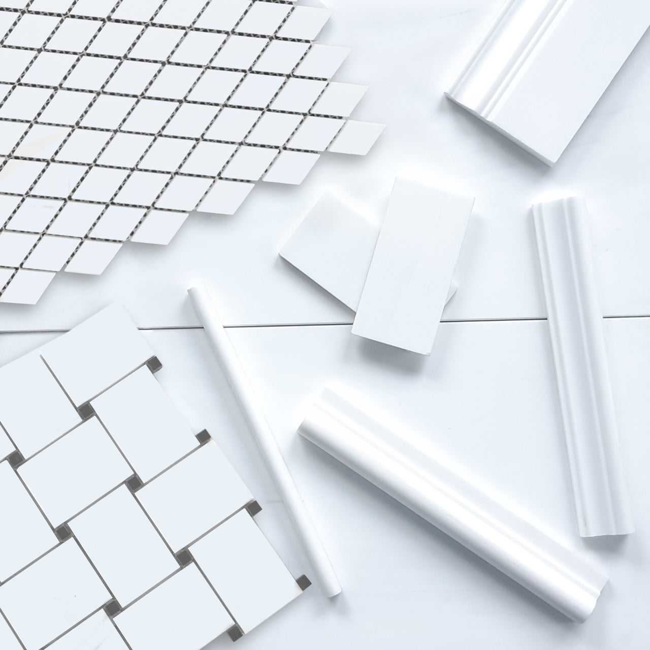 Bianco Dolomite Marble Large Basketweave Mosaic Tile with Bardiglio Gray Dots Polished