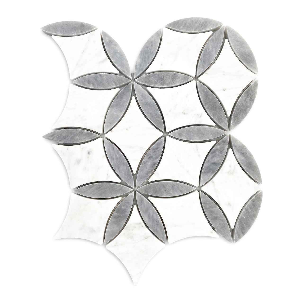 White Carrara Marble with Bardiglio Gray Leaf La Fleur Waterjet Mosaic Tile Honed