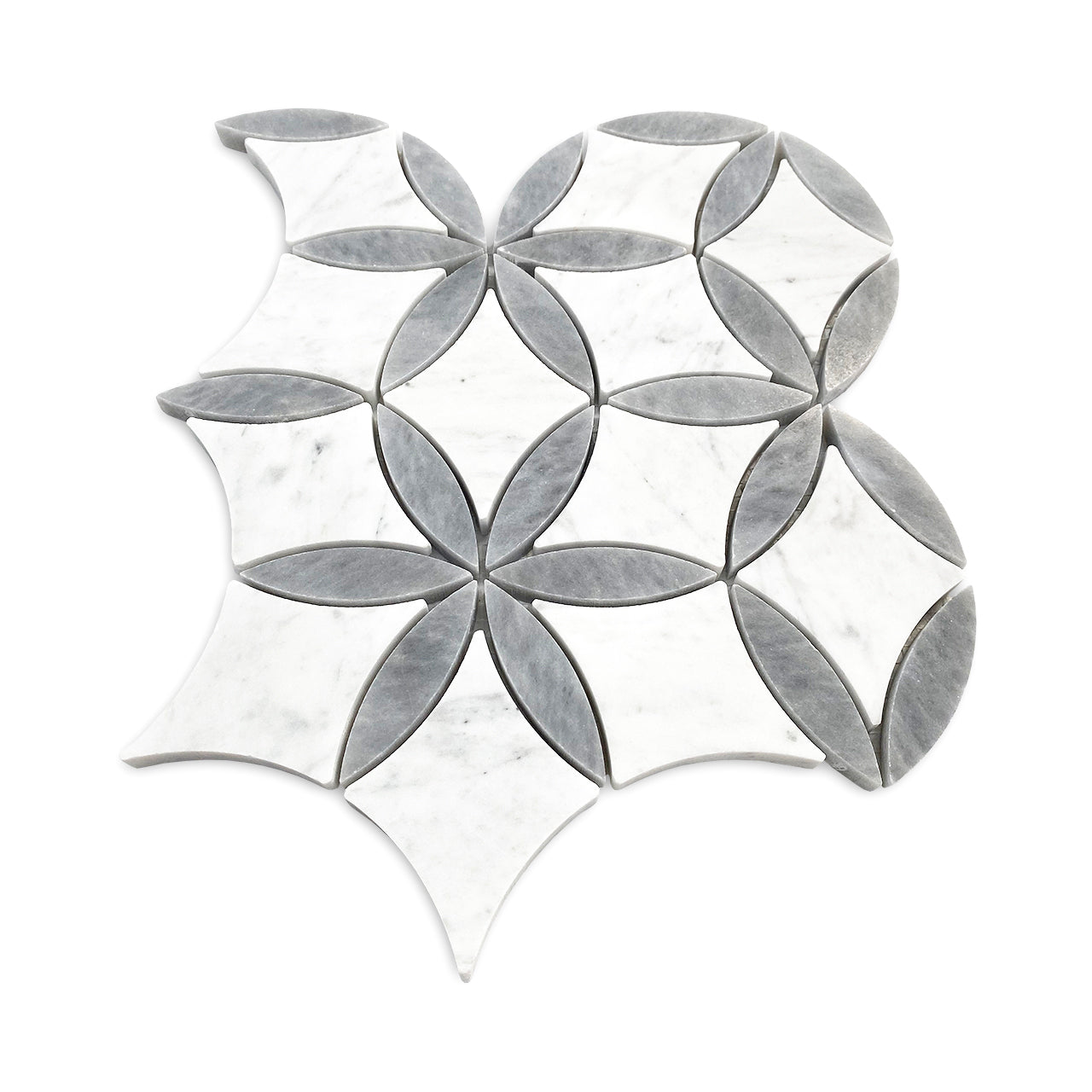 White Carrara Marble with Bardiglio Gray Leaf La Fleur Waterjet Mosaic Tile Polished