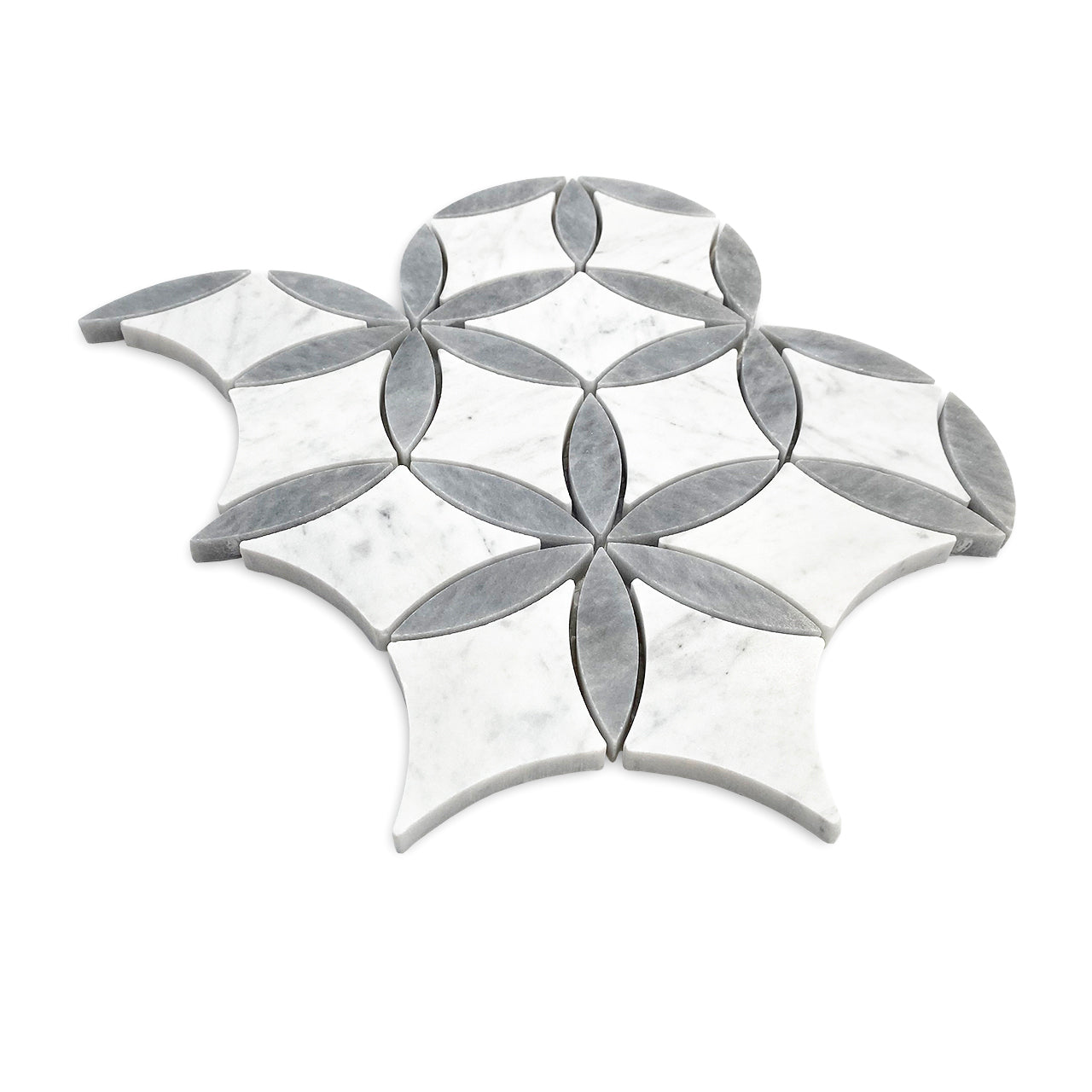 White Carrara Marble with Bardiglio Gray Leaf La Fleur Waterjet Mosaic Tile Polished