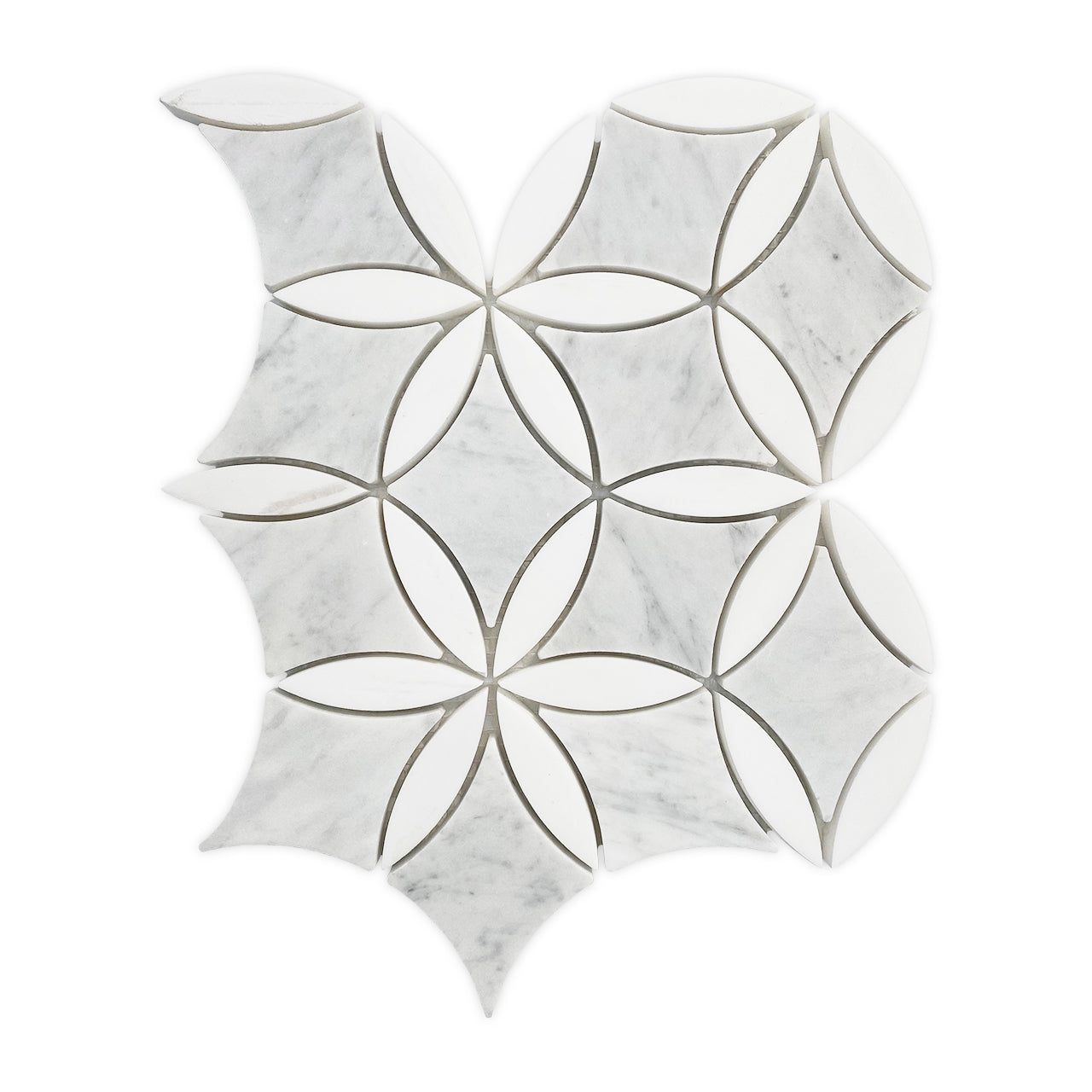 White Carrara Marble with Bianco Dolomite Leaf La Fleur  Waterjet Mosaic Tile Polished