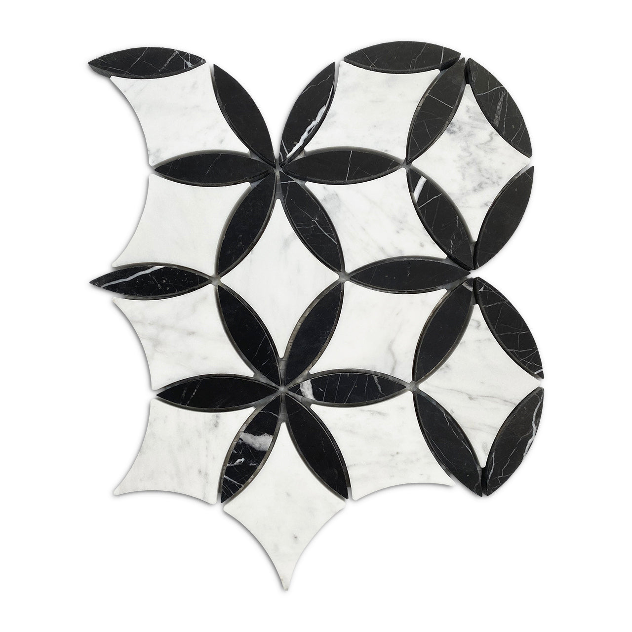 White Carrara Marble with Nero Marquina Black Leaf La Fleur Waterjet Mosaic Tile Polished