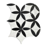 White Carrara Marble with Nero Marquina Black Leaf La Fleur Waterjet Mosaic Tile Honed