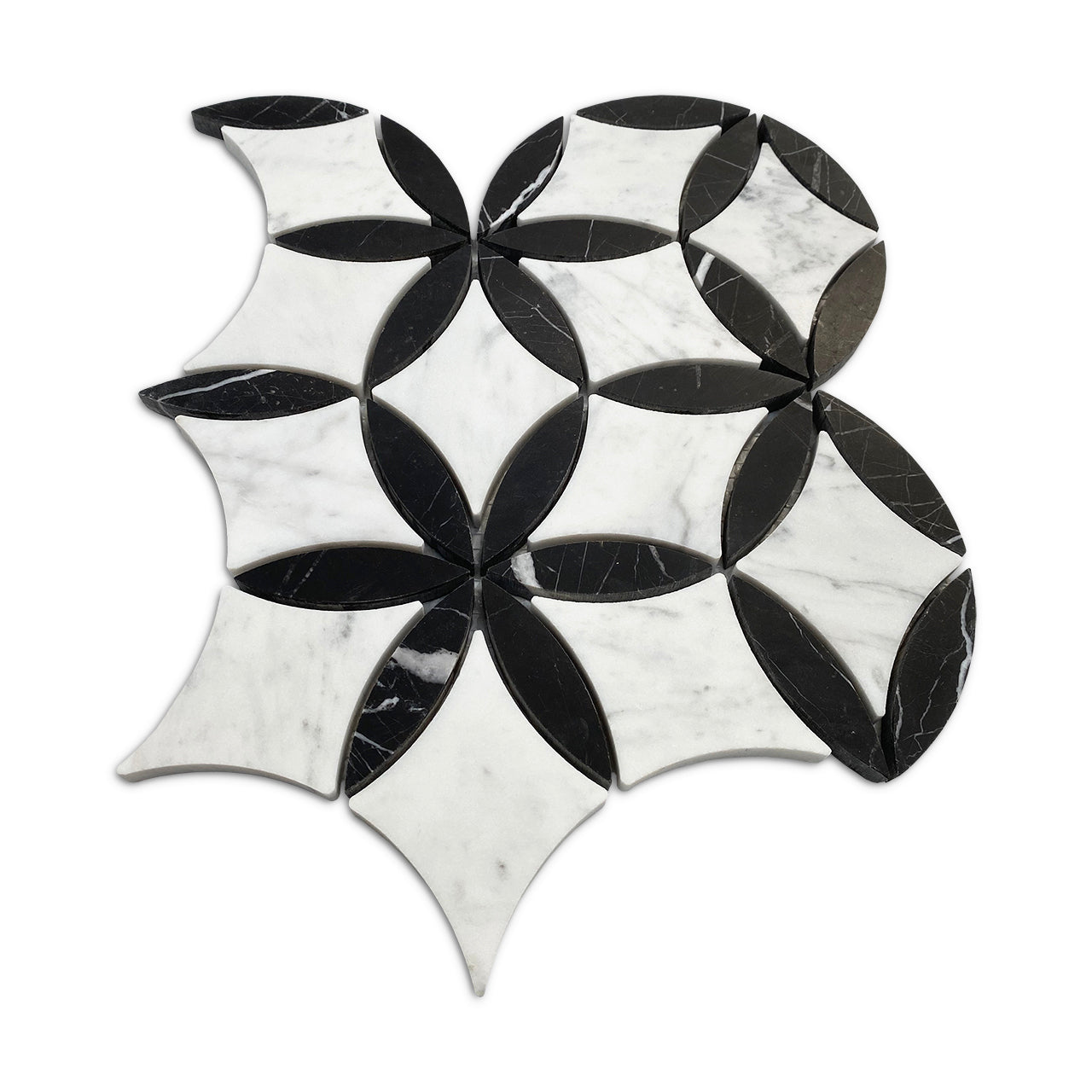 White Carrara Marble with Nero Marquina Black Leaf La Fleur Waterjet Mosaic Tile Honed