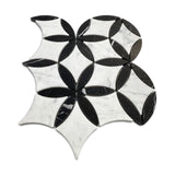 White Carrara Marble with Nero Marquina Black Leaf La Fleur Waterjet Mosaic Tile Honed
