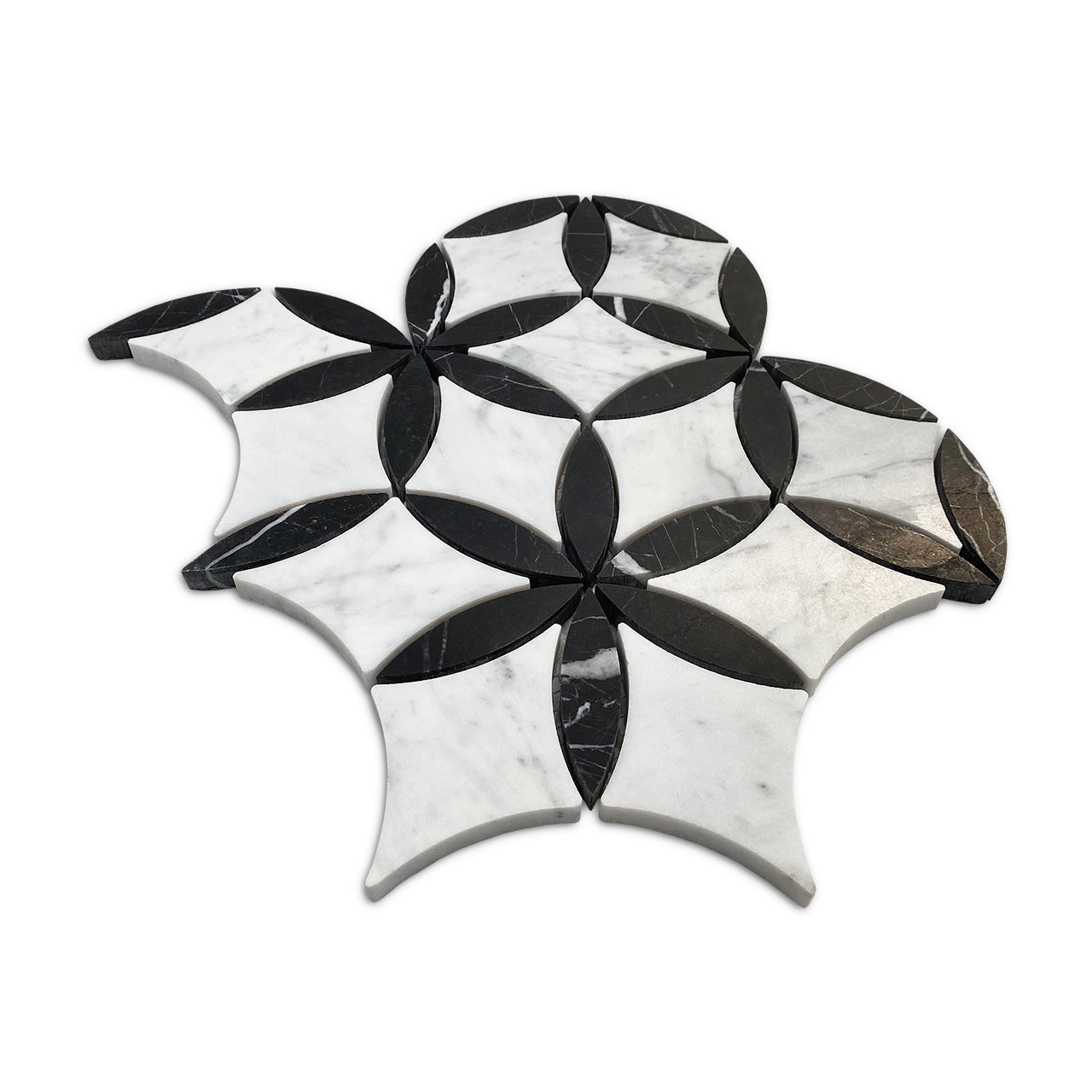 White Carrara Marble with Nero Marquina Black Leaf La Fleur Waterjet Mosaic Tile Honed