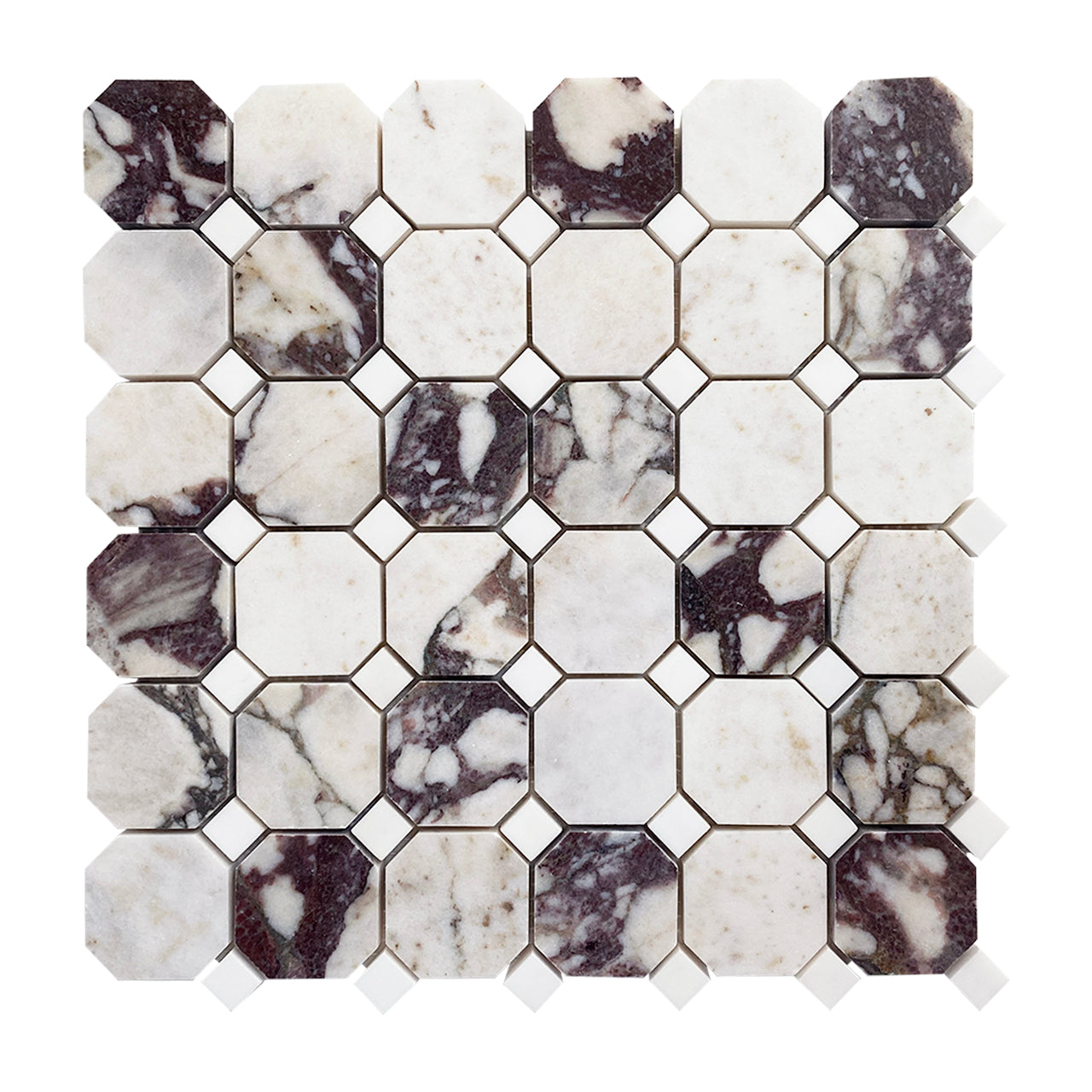 Calacatta Viola Marble Octagon with Dolomite Dots Mosaic Tile Honed