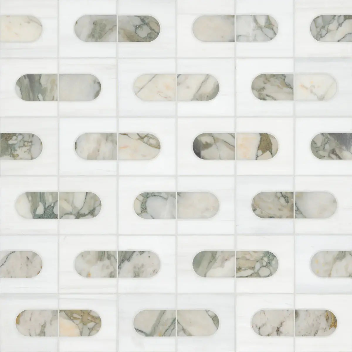 Bianco Dolomite Green Moderno 12"x12" Polished Marble Mosaic Floor and Wall Tile