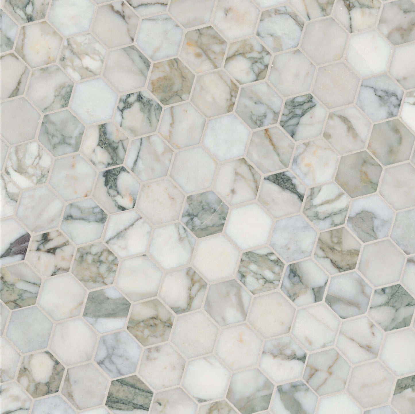 2” Calacatta Green Marble Hexagon Honed Mosaic Tile
