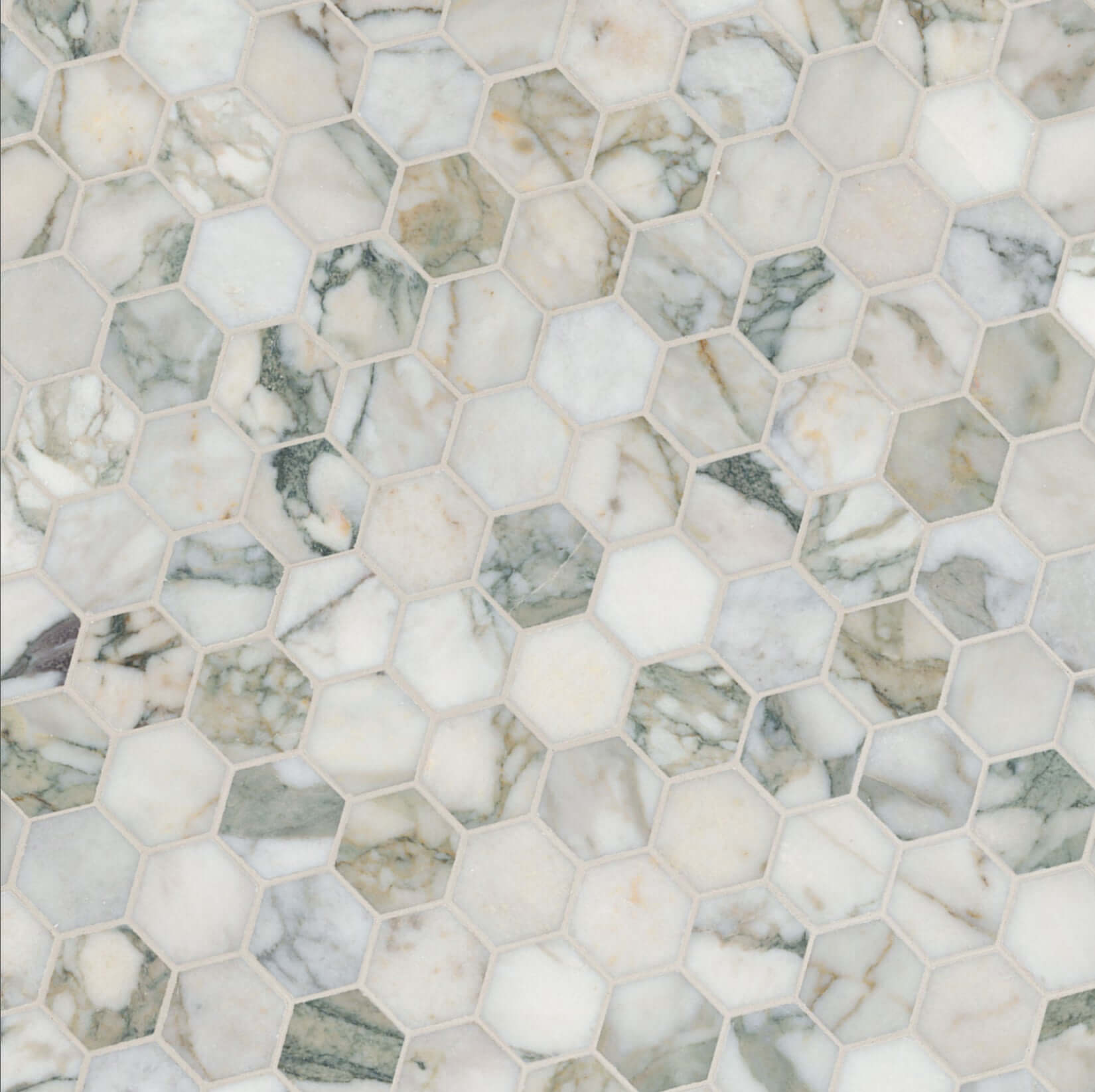 2” Calacatta Green Marble Hexagon Honed Mosaic Tile