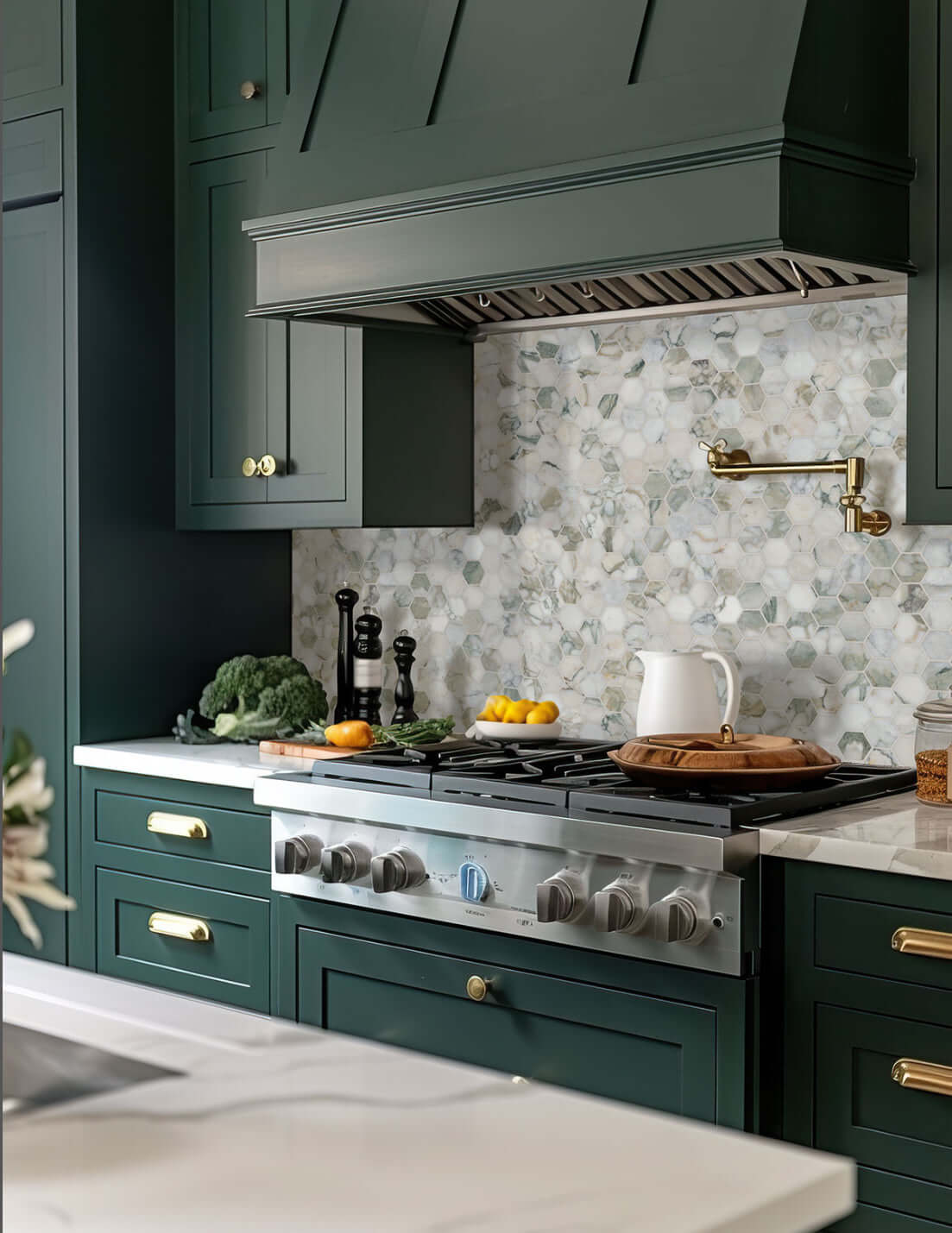 2” Calacatta Green Marble Hexagon Honed Mosaic Tile