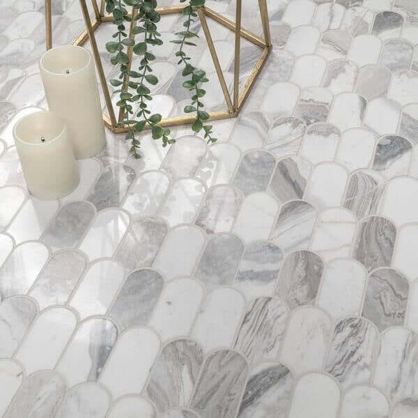 Edessa Scallop Bardiglio White 12” x 13” Polished Marble Mosaic